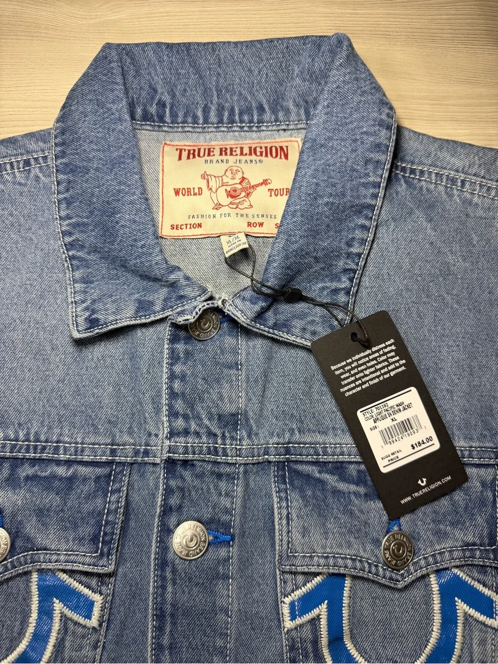 True Religion Men’s Blue Denim Trucker Jacket Embroidered NWT XL Y2K